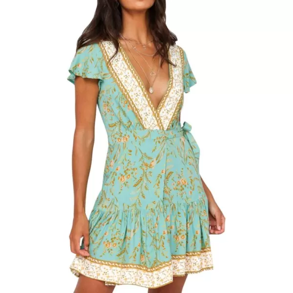 ZESICA Womens 2024 Summer Wrap V Neck Bohemian Floral Print Ruffle Swing A Line Beach Mini DressMint