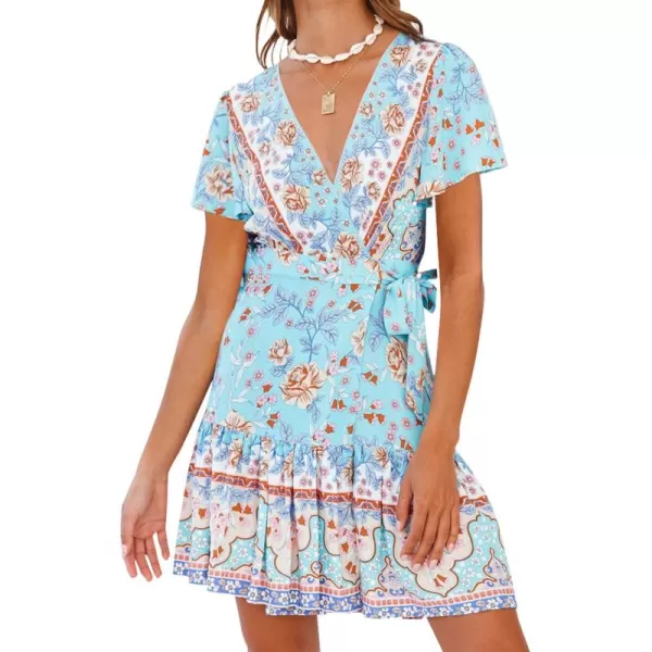 ZESICA Womens 2024 Summer Wrap V Neck Bohemian Floral Print Ruffle Swing A Line Beach Mini DressSkyblue