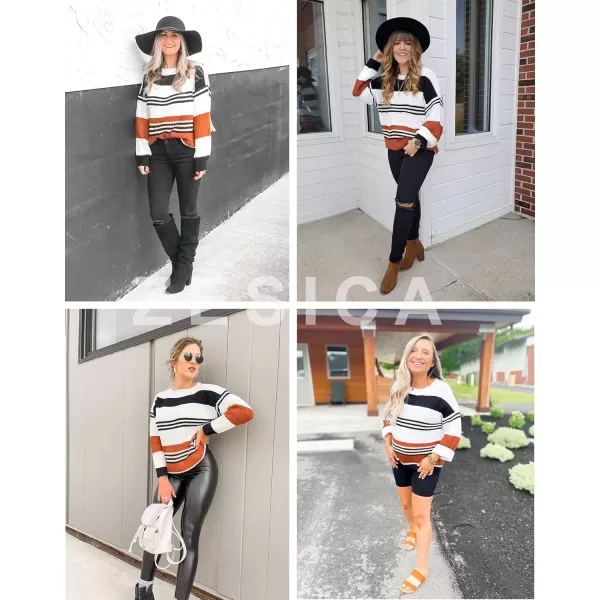 ZESICA Womens 2024 Fall Long Sleeve Crew Neck Striped Color Block Casual Loose Knitted Pullover Sweater TopsBlack