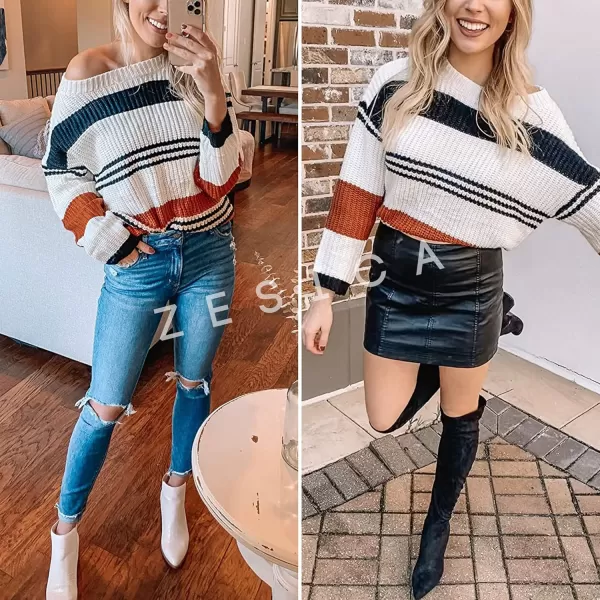 ZESICA Womens 2024 Fall Long Sleeve Crew Neck Striped Color Block Casual Loose Knitted Pullover Sweater TopsBlack