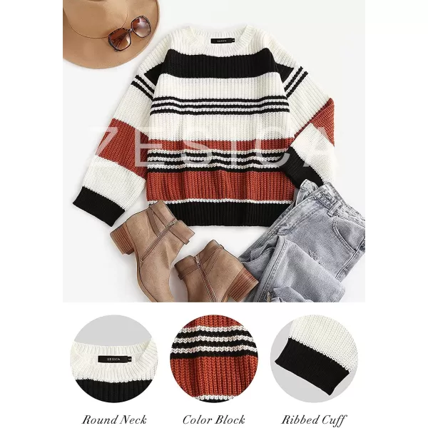 ZESICA Womens 2024 Fall Long Sleeve Crew Neck Striped Color Block Casual Loose Knitted Pullover Sweater TopsBlack