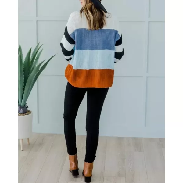 ZESICA Womens 2024 Fall Long Sleeve Crew Neck Striped Color Block Casual Loose Knitted Pullover Sweater TopsBlue