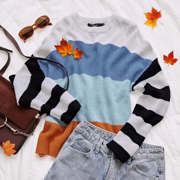 ZESICA Womens 2024 Fall Long Sleeve Crew Neck Striped Color Block Casual Loose Knitted Pullover Sweater TopsBlue