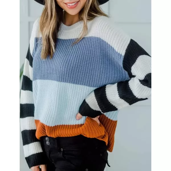 ZESICA Womens 2024 Fall Long Sleeve Crew Neck Striped Color Block Casual Loose Knitted Pullover Sweater TopsBlue
