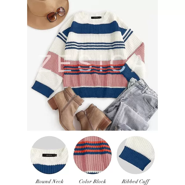 ZESICA Womens 2024 Fall Long Sleeve Crew Neck Striped Color Block Casual Loose Knitted Pullover Sweater TopsBlue2