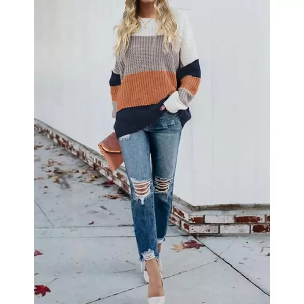 ZESICA Womens 2024 Fall Long Sleeve Crew Neck Striped Color Block Casual Loose Knitted Pullover Sweater TopsBrown