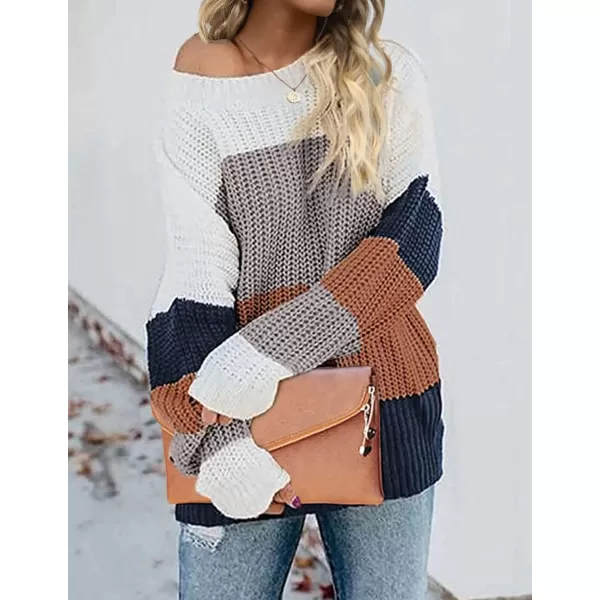 ZESICA Womens 2024 Fall Long Sleeve Crew Neck Striped Color Block Casual Loose Knitted Pullover Sweater TopsBrown