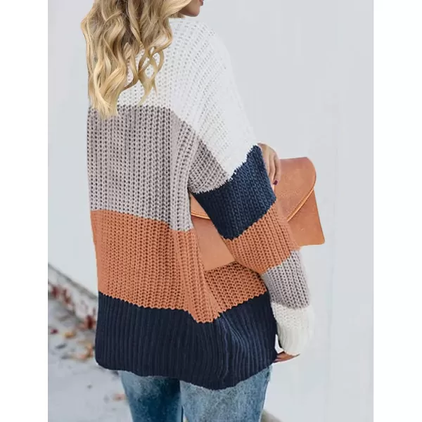 ZESICA Womens 2024 Fall Long Sleeve Crew Neck Striped Color Block Casual Loose Knitted Pullover Sweater TopsBrown