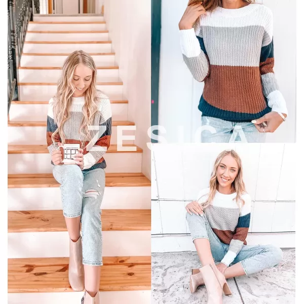 ZESICA Womens 2024 Fall Long Sleeve Crew Neck Striped Color Block Casual Loose Knitted Pullover Sweater TopsBrown