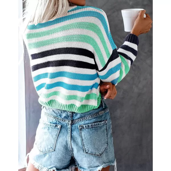 ZESICA Womens 2024 Fall Long Sleeve Crew Neck Striped Color Block Casual Loose Knitted Pullover Sweater TopsGreen