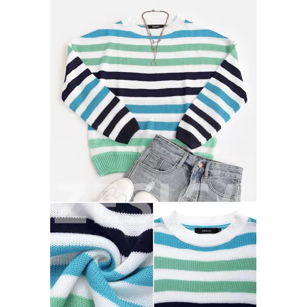 ZESICA Womens 2024 Fall Long Sleeve Crew Neck Striped Color Block Casual Loose Knitted Pullover Sweater TopsGreen