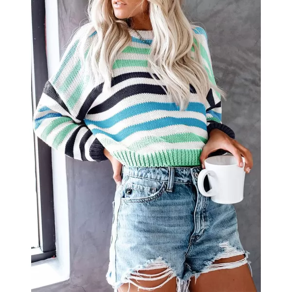 ZESICA Womens 2024 Fall Long Sleeve Crew Neck Striped Color Block Casual Loose Knitted Pullover Sweater TopsGreen