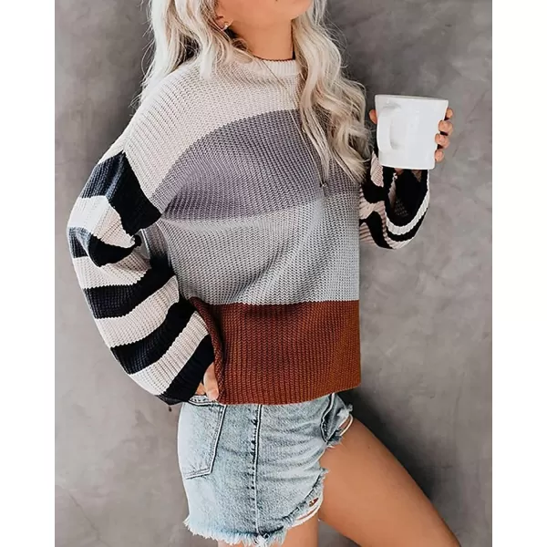 ZESICA Womens 2024 Fall Long Sleeve Crew Neck Striped Color Block Casual Loose Knitted Pullover Sweater TopsGrey
