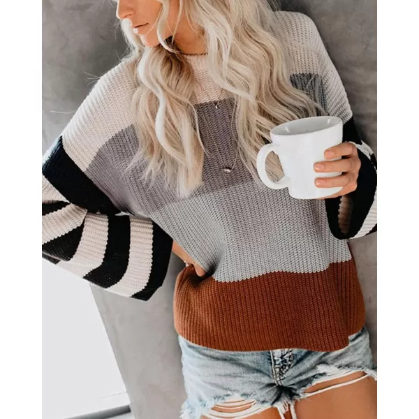 ZESICA Womens 2024 Fall Long Sleeve Crew Neck Striped Color Block Casual Loose Knitted Pullover Sweater TopsGrey