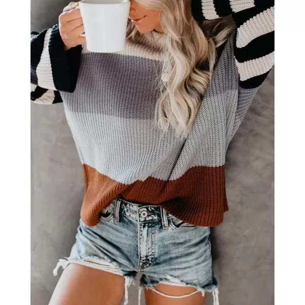 ZESICA Womens 2024 Fall Long Sleeve Crew Neck Striped Color Block Casual Loose Knitted Pullover Sweater TopsGrey