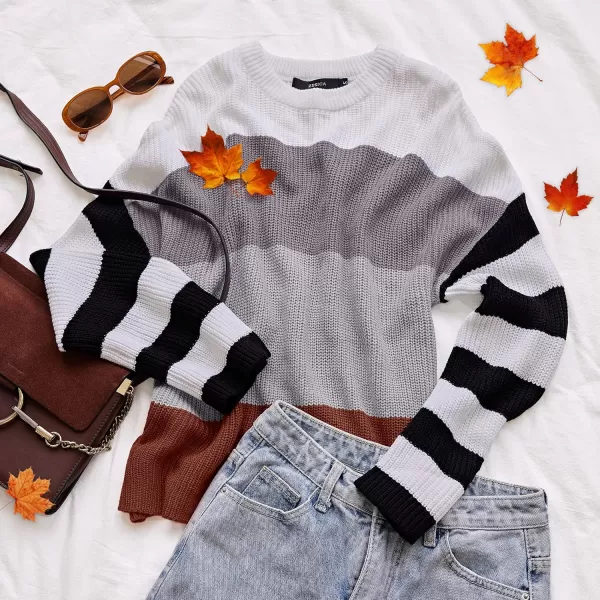ZESICA Womens 2024 Fall Long Sleeve Crew Neck Striped Color Block Casual Loose Knitted Pullover Sweater TopsGrey