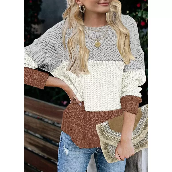 ZESICA Womens 2024 Fall Long Sleeve Crew Neck Striped Color Block Casual Loose Knitted Pullover Sweater TopsLightgrey