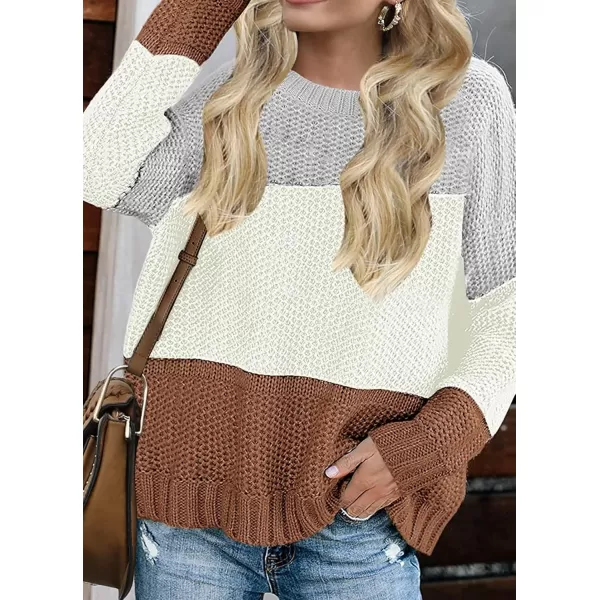 ZESICA Womens 2024 Fall Long Sleeve Crew Neck Striped Color Block Casual Loose Knitted Pullover Sweater TopsLightgrey