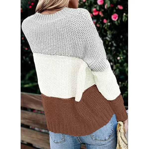 ZESICA Womens 2024 Fall Long Sleeve Crew Neck Striped Color Block Casual Loose Knitted Pullover Sweater TopsLightgrey
