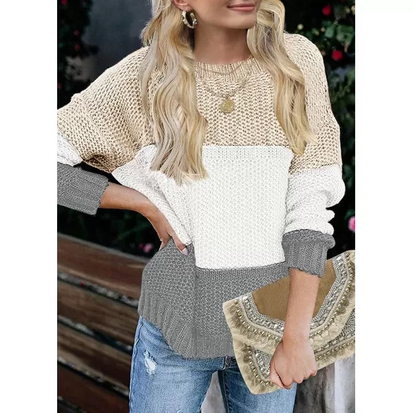 ZESICA Womens 2024 Fall Long Sleeve Crew Neck Striped Color Block Casual Loose Knitted Pullover Sweater TopsLightkhaki