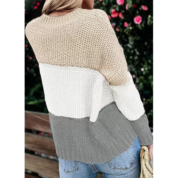 ZESICA Womens 2024 Fall Long Sleeve Crew Neck Striped Color Block Casual Loose Knitted Pullover Sweater TopsLightkhaki