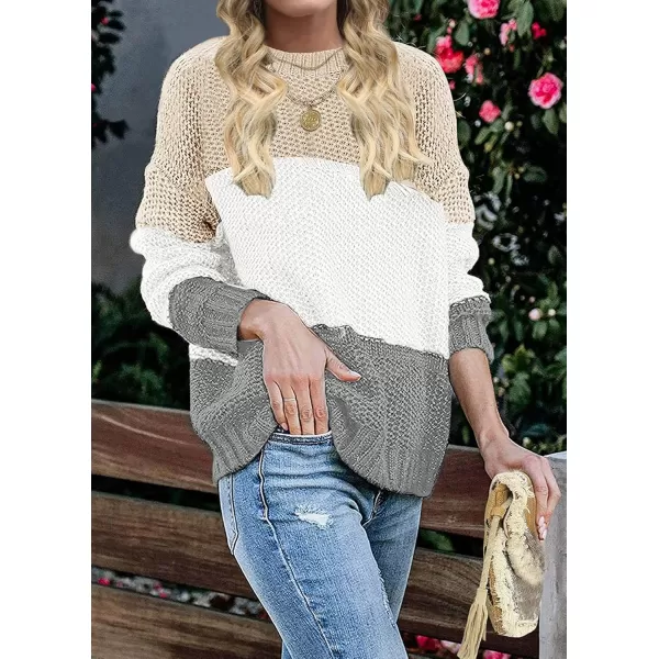 ZESICA Womens 2024 Fall Long Sleeve Crew Neck Striped Color Block Casual Loose Knitted Pullover Sweater TopsLightkhaki
