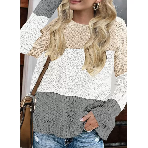 ZESICA Womens 2024 Fall Long Sleeve Crew Neck Striped Color Block Casual Loose Knitted Pullover Sweater TopsLightkhaki