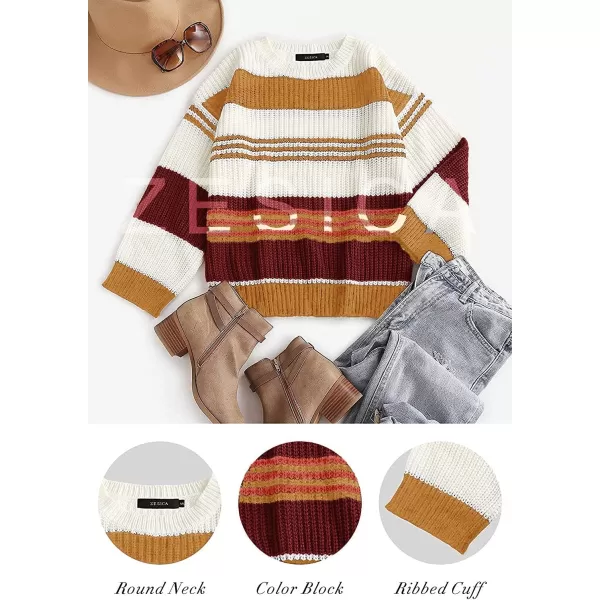 ZESICA Womens 2024 Fall Long Sleeve Crew Neck Striped Color Block Casual Loose Knitted Pullover Sweater TopsMustard