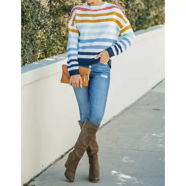 ZESICA Womens 2024 Fall Long Sleeve Crew Neck Striped Color Block Casual Loose Knitted Pullover Sweater TopsNavy