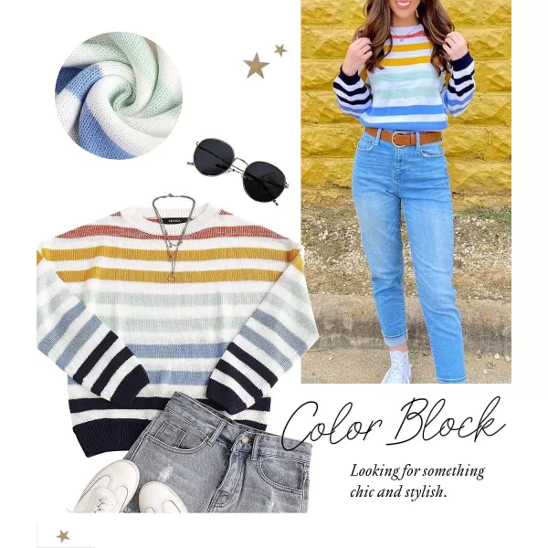 ZESICA Womens 2024 Fall Long Sleeve Crew Neck Striped Color Block Casual Loose Knitted Pullover Sweater TopsNavy
