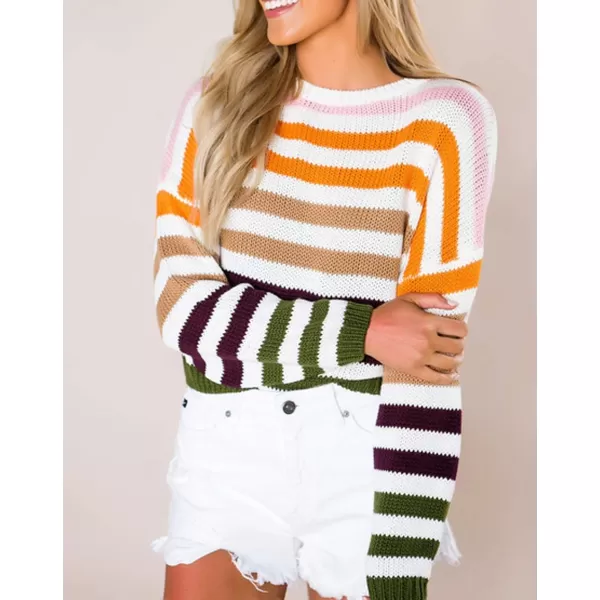 ZESICA Womens 2024 Fall Long Sleeve Crew Neck Striped Color Block Casual Loose Knitted Pullover Sweater TopsOrange