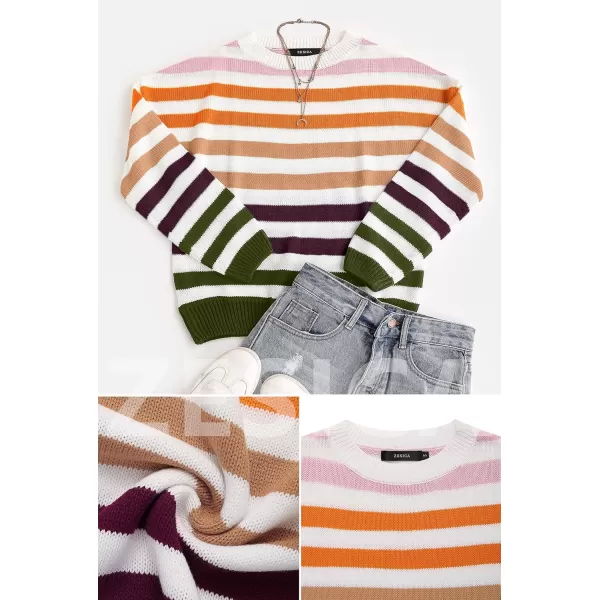 ZESICA Womens 2024 Fall Long Sleeve Crew Neck Striped Color Block Casual Loose Knitted Pullover Sweater TopsOrange