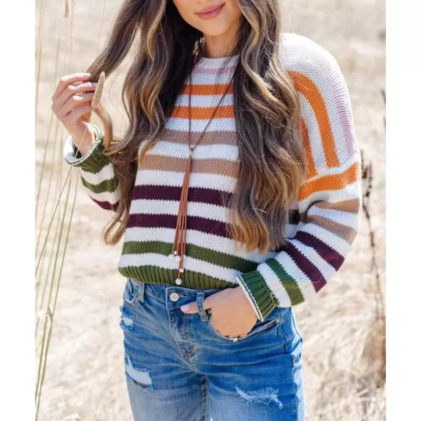 ZESICA Womens 2024 Fall Long Sleeve Crew Neck Striped Color Block Casual Loose Knitted Pullover Sweater TopsOrange