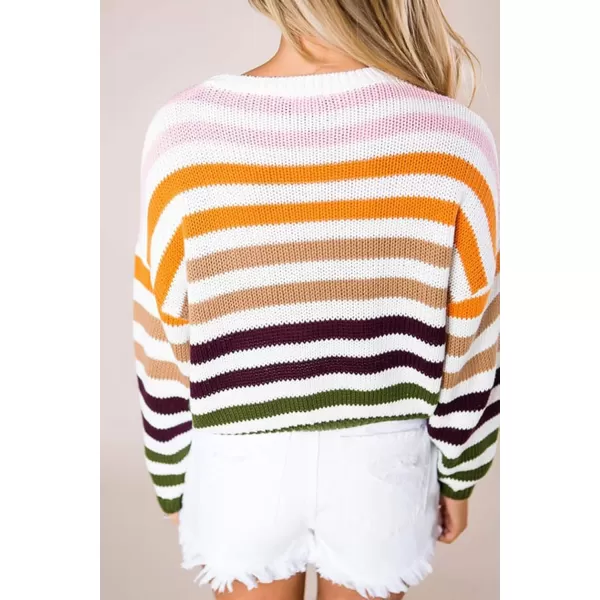 ZESICA Womens 2024 Fall Long Sleeve Crew Neck Striped Color Block Casual Loose Knitted Pullover Sweater TopsOrange