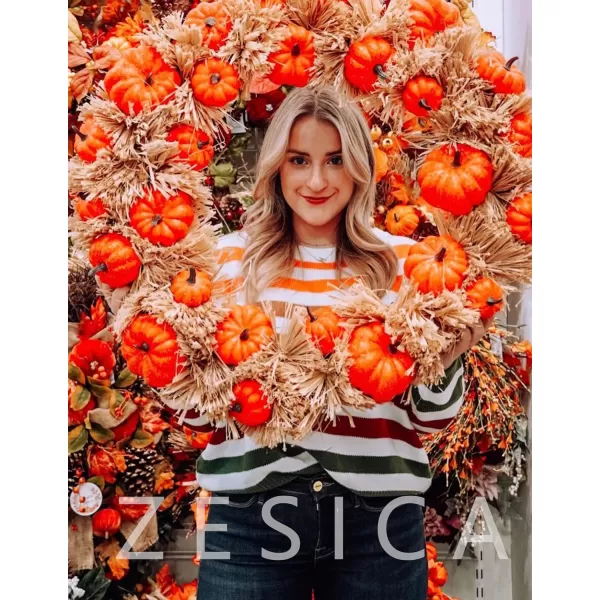 ZESICA Womens 2024 Fall Long Sleeve Crew Neck Striped Color Block Casual Loose Knitted Pullover Sweater TopsOrange