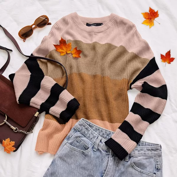 ZESICA Womens 2024 Fall Long Sleeve Crew Neck Striped Color Block Casual Loose Knitted Pullover Sweater TopsOrange2