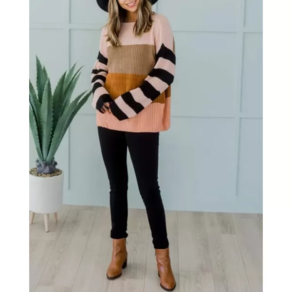 ZESICA Womens 2024 Fall Long Sleeve Crew Neck Striped Color Block Casual Loose Knitted Pullover Sweater TopsOrange2