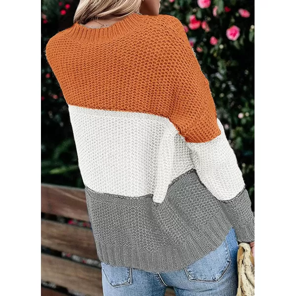ZESICA Womens 2024 Fall Long Sleeve Crew Neck Striped Color Block Casual Loose Knitted Pullover Sweater TopsOrangewhite