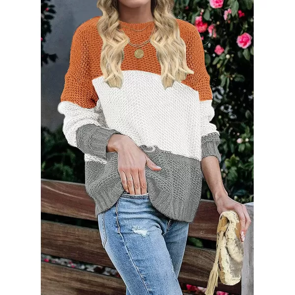 ZESICA Womens 2024 Fall Long Sleeve Crew Neck Striped Color Block Casual Loose Knitted Pullover Sweater TopsOrangewhite