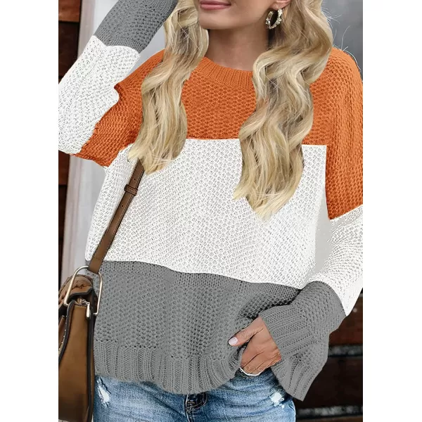 ZESICA Womens 2024 Fall Long Sleeve Crew Neck Striped Color Block Casual Loose Knitted Pullover Sweater TopsOrangewhite