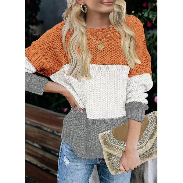 ZESICA Womens 2024 Fall Long Sleeve Crew Neck Striped Color Block Casual Loose Knitted Pullover Sweater TopsOrangewhite