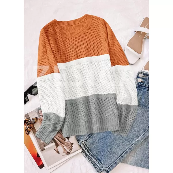ZESICA Womens 2024 Fall Long Sleeve Crew Neck Striped Color Block Casual Loose Knitted Pullover Sweater TopsOrangewhite