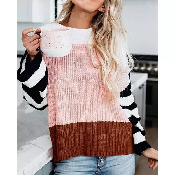 ZESICA Womens 2024 Fall Long Sleeve Crew Neck Striped Color Block Casual Loose Knitted Pullover Sweater TopsPink