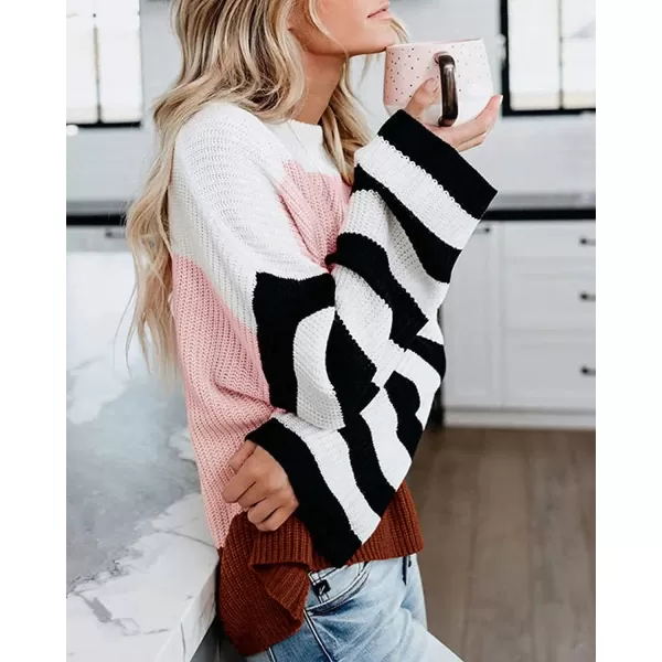 ZESICA Womens 2024 Fall Long Sleeve Crew Neck Striped Color Block Casual Loose Knitted Pullover Sweater TopsPink