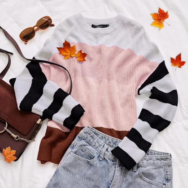 ZESICA Womens 2024 Fall Long Sleeve Crew Neck Striped Color Block Casual Loose Knitted Pullover Sweater TopsPink