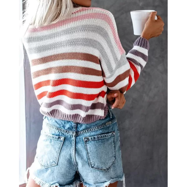ZESICA Womens 2024 Fall Long Sleeve Crew Neck Striped Color Block Casual Loose Knitted Pullover Sweater TopsPurple