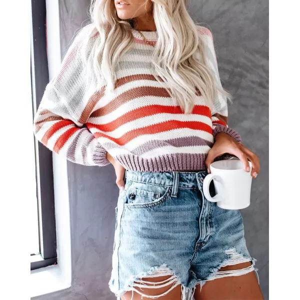 ZESICA Womens 2024 Fall Long Sleeve Crew Neck Striped Color Block Casual Loose Knitted Pullover Sweater TopsPurple