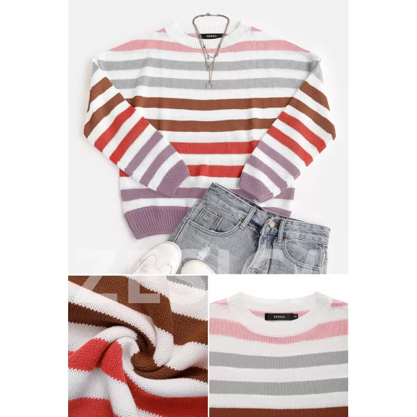 ZESICA Womens 2024 Fall Long Sleeve Crew Neck Striped Color Block Casual Loose Knitted Pullover Sweater TopsPurple