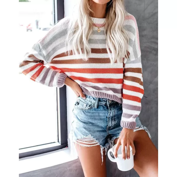 ZESICA Womens 2024 Fall Long Sleeve Crew Neck Striped Color Block Casual Loose Knitted Pullover Sweater TopsPurple