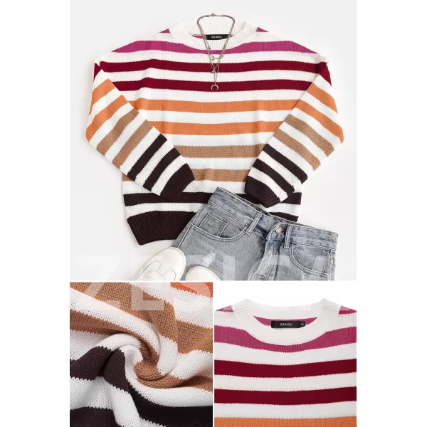 ZESICA Womens 2024 Fall Long Sleeve Crew Neck Striped Color Block Casual Loose Knitted Pullover Sweater TopsRed